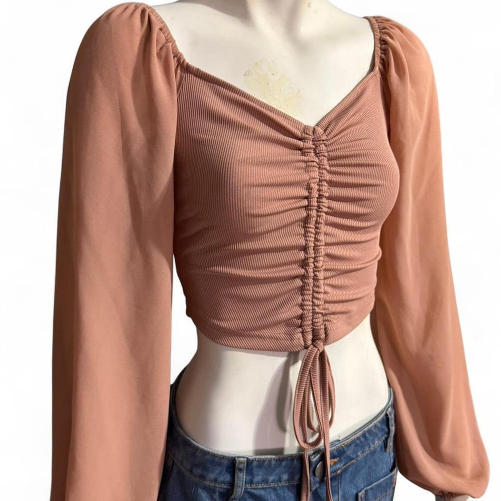 Y2K style Fairy core Neutral colored long sleeve crop top